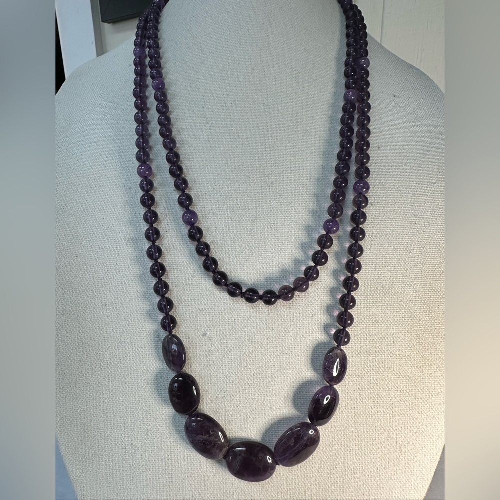 Long hand knotted purple glass bead and amethyst necklace